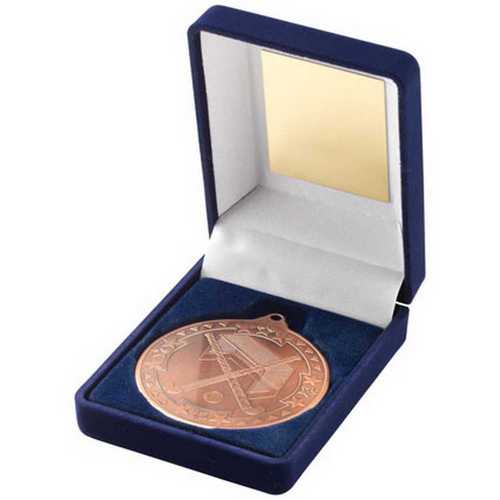 BLUE VELVET BOX AND 50mm MEDAL HOCKEY TROPHY GOLD - 3.5in