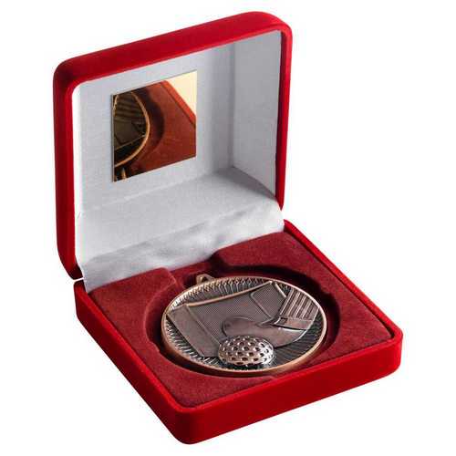 RED VELVET BOX AND 60mm MEDAL HOCKEY TROPHY ANTIQUE GOLD - 4in