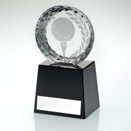 CLEAR GLASS GOLF CIRCLE WITH IMAGE ON BLACK PLINTH AND PLATE