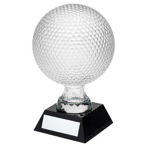 CLEAR GLASS GOLF BALL ON BLACK BASE WITH PLATE - (4" DIA)