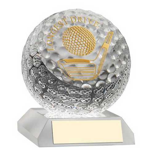 CLEAR GLASS GOLF BALL WITH PLATE LONGEST DRIVE - 3.75in
