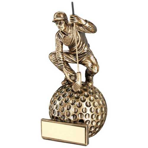 BRZ/GOLD 'CROUCHING' GOLFER ON BALL BASE WITH PLATE