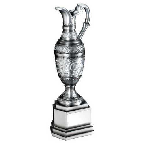 PAINTED SILVER GOLF 'CLARET JUG' WITH PLATE