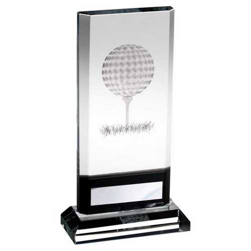 CLEAR/BLACK GLASS PLAQUE WITH LASERED GOLF IMAGE AND PLATE (15mm THICK)