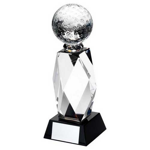CLEAR GLASS COLUMN AND GOLF BALL BLACK BASE WITH PLATE
