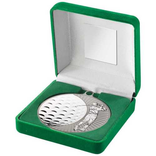 GREEN VELVET BOX AND 70mm GOLF MEDAL TROPHY MATT SILVER/GOLD - 4in