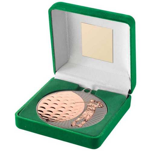 GREEN VELVET BOX AND 70mm GOLF MEDAL TROPHY MATT SILVER/GOLD - 4in