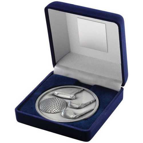 BLUE VELVET BOX AND 70mm MEDALLION GOLF TROPHY ANTIQUE GOLD - 4in