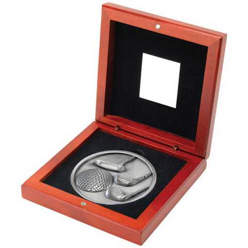 ROSEWOOD BOX AND 70mm MEDALLION GOLF TROPHY ANTIQUE GOLD - 4.5in