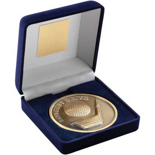 BLUE VELVET BOX AND 70mm MEDALLION GOLF TROPHY ANTIQUE GOLD LONGEST DRIVE - 4"