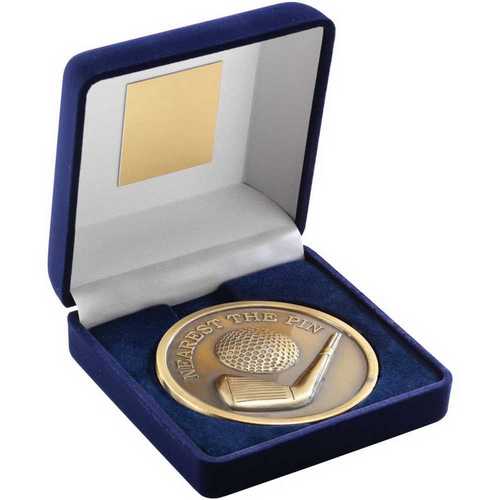 BLUE VELVET BOX AND 70mm MEDALLION GOLF TROPHY ANTIQUE GOLD LONGEST DRIVE - 4"