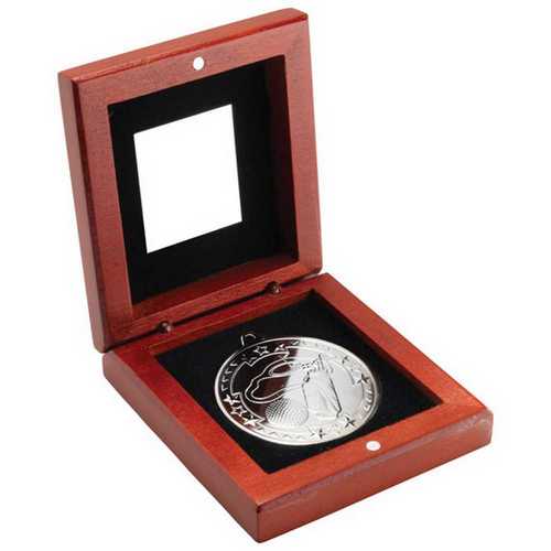 ROSEWOOD BOX AND 50mm MEDAL GOLF TROPHY GOLD - 3.75in