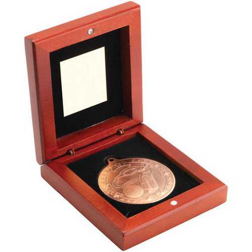 ROSEWOOD BOX AND 50mm MEDAL GOLF TROPHY GOLD - 3.75in