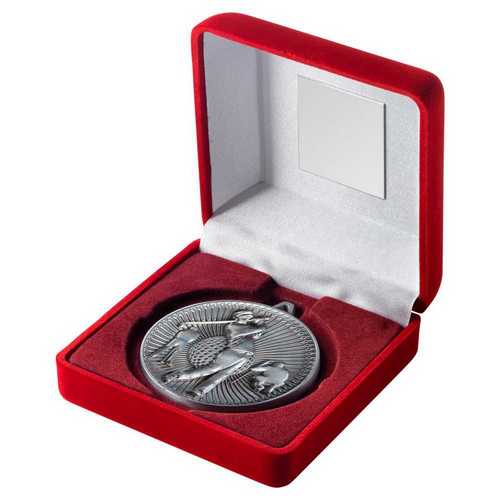 RED VELVET BOX AND 60mm MEDAL GOLF TROPHY ANTIQUE GOLD - 4in