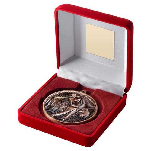 RED VELVET BOX AND 60mm MEDAL GOLF TROPHY ANTIQUE GOLD - 4in