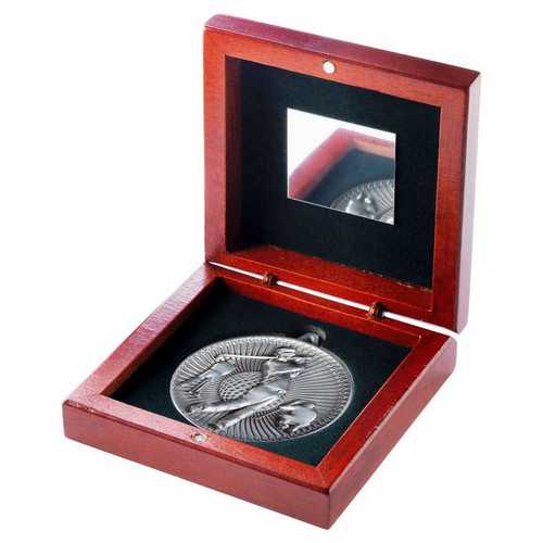 ROSEWOOD BOX AND 60mm MEDAL GOLF TROPHY ANTIQUE GOLD - 4.25in