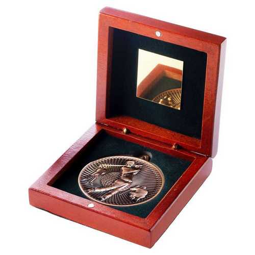 ROSEWOOD BOX AND 60mm MEDAL GOLF TROPHY ANTIQUE GOLD - 4.25in