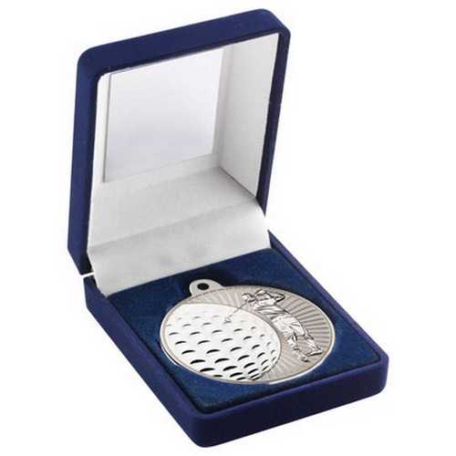 BLUE VELVET BOX AND 50mm GOLF MEDAL TROPHY MATT SILVER/GOLD - 3.5in