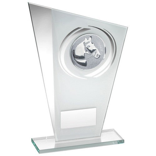 WHITE/SILVER PRINTED GLASS PLAQUE WITH HORSE INSERT AND PLATE