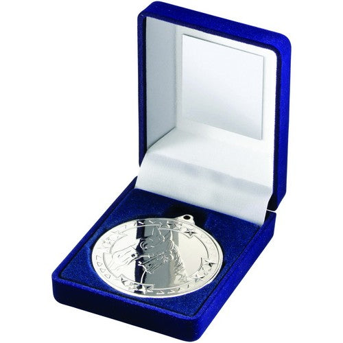 BLUE VELVET BOX AND 50mm MEDAL HORSE TROPHY GOLD - 3.5in