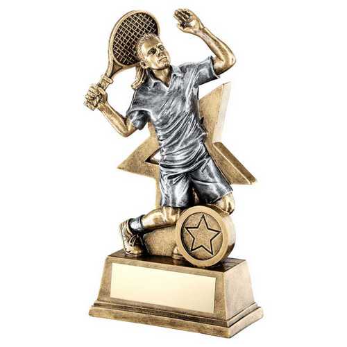 BRZ/GOLD/PEW FEMALE TENNIS FIGURE WITH STAR BACKING WITH PLATE (1in CENTRE)