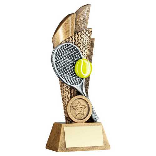 BRZ/PEW/YELLOW TENNIS BALL AND RACKET ON BACKDROP WITH PLATE (1in CEN)