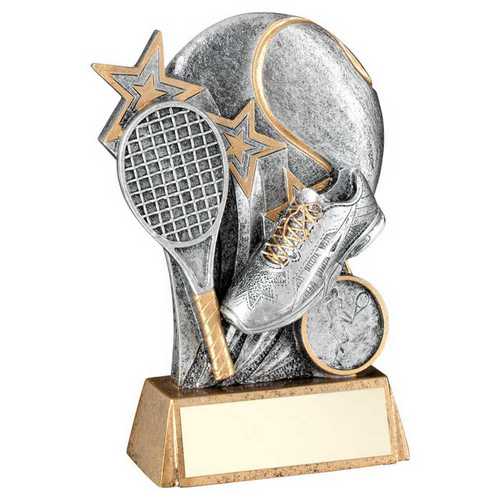 PEW/GOLD TENNIS BALL WITH RACKET ON BRZ BASE WITH PLATE (1in CEN)