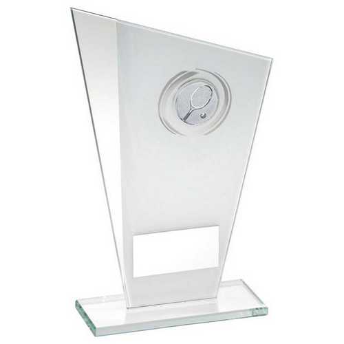 WHITE/SILVER PRINTED GLASS PLAQUE WITH TENNIS INSERT AND PLATE