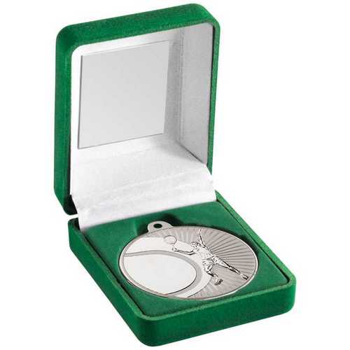 GREEN VELVET BOX AND 50mm TENNIS MEDAL TROPHY MATT SILVER/GOLD - 3.5in