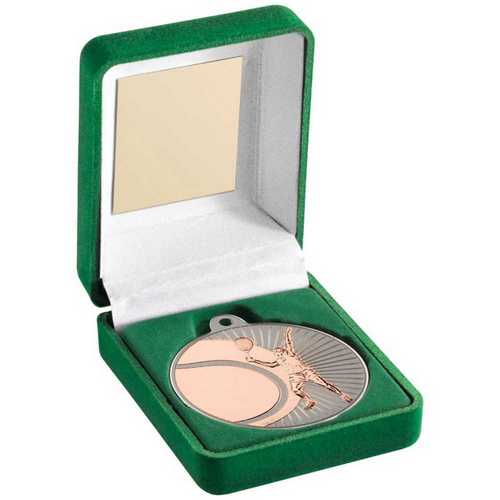 GREEN VELVET BOX AND 50mm TENNIS MEDAL TROPHY MATT SILVER/GOLD - 3.5in