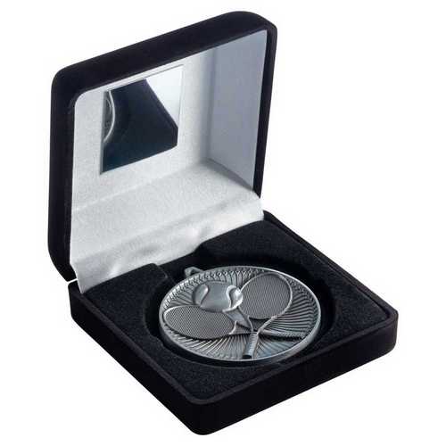 BLACK VELVET BOX AND 60mm MEDAL TENNIS TROPHY ANTIQUE GOLD - 4in