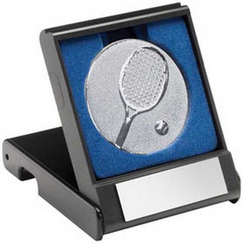 BLACK PLASTIC BOX WITH TENNIS INSERT TROPHY GOLD - 3.5in