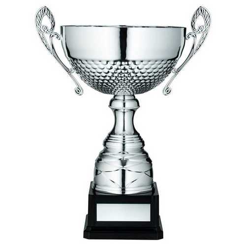 SILVER HALF BOWL WITH HANDLES ASSEMBLED TROPHY AND PLATE