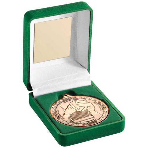 GREEN VELVET BOX AND 50mm MEDAL GAELIC FOOTBALL TROPHY GOLD - 3.5in