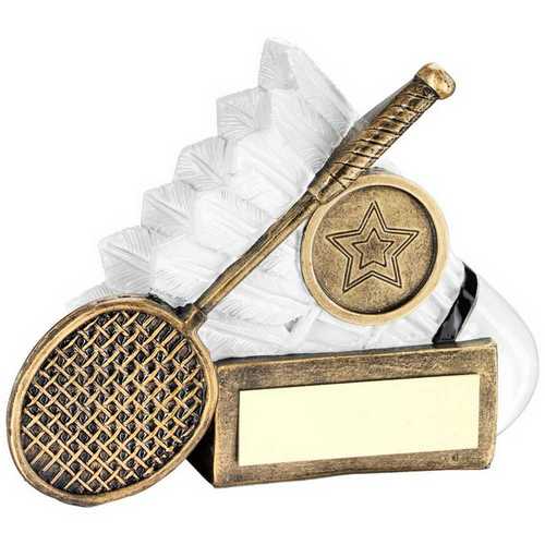 BRZ/WHITE BADMINTON SHUTTLE AND RACKET FLATBACK WITH PLATE (1in CEN)