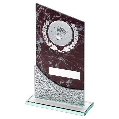 BROWN MARBLE PRINTED GLASS PLAQUE WITH BADMINTON INSERT AND PLATE
