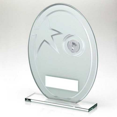 WHITE/SILVER PRINTED GLASS OVAL WITH BADMINTON INSERT AND PLATE