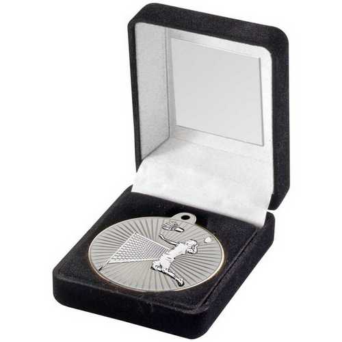 BLACK VELVET BOX AND 50mm BADMINTON MEDAL TROPHY MATT SILVER/GOLD - 3.5in