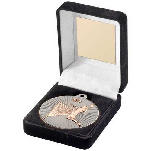 BLACK VELVET BOX AND 50mm BADMINTON MEDAL TROPHY MATT SILVER/GOLD - 3.5in