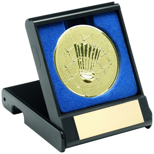 BLACK PLASTIC BOX WITH BADMINTON INSERT TROPHY GOLD - 3.5in