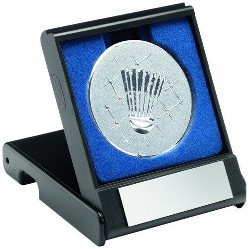 BLACK PLASTIC BOX WITH BADMINTON INSERT TROPHY GOLD - 3.5in