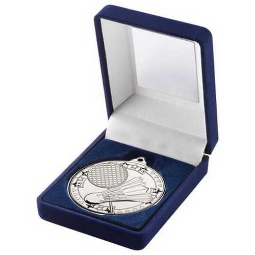 BLUE VELVET BOX AND 50mm MEDAL BADMINTON TROPHY GOLD - 3.5in