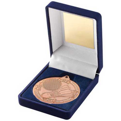 BLUE VELVET BOX AND 50mm MEDAL BADMINTON TROPHY GOLD - 3.5in