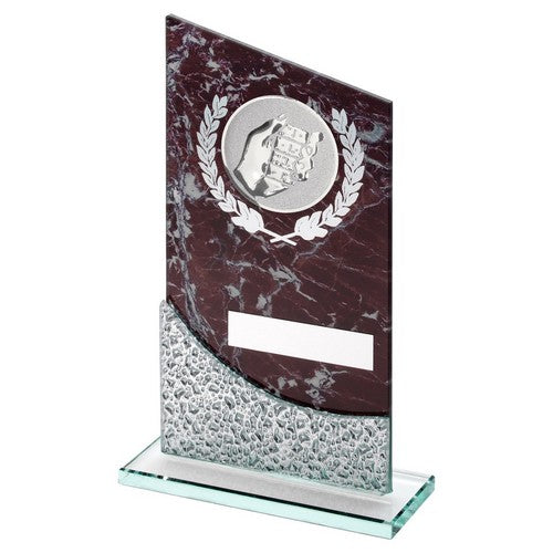 BROWN MARBLE PRINTED GLASS PLAQUE WITH DOMINOES INSERT AND PLATE