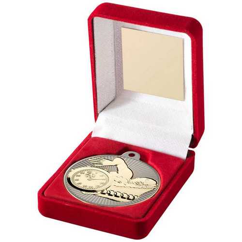 RED VELVET BOX AND 50mm SWIMMING MEDAL TROPHY MATT SILVER/GOLD - 3.5in