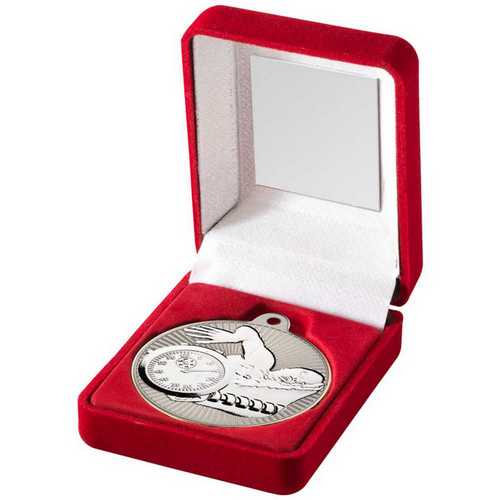 RED VELVET BOX AND 50mm SWIMMING MEDAL TROPHY MATT SILVER/GOLD - 3.5in