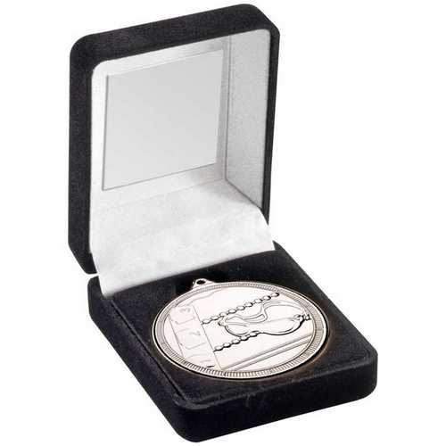 BLACK VELVET BOX AND 50mm SWIMMING MEDAL TROPHY GOLD - 3.5in