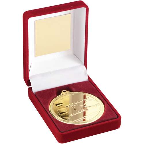 RED VELVET BOX AND 50mm MEDAL SWIMMING TROPHY GOLD - 3.5in
