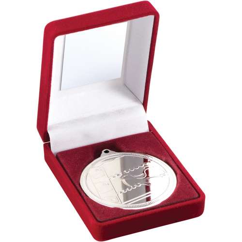 RED VELVET BOX AND 50mm MEDAL SWIMMING TROPHY GOLD - 3.5in