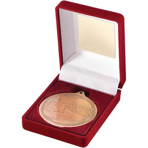 RED VELVET BOX AND 50mm MEDAL SWIMMING TROPHY GOLD - 3.5in
